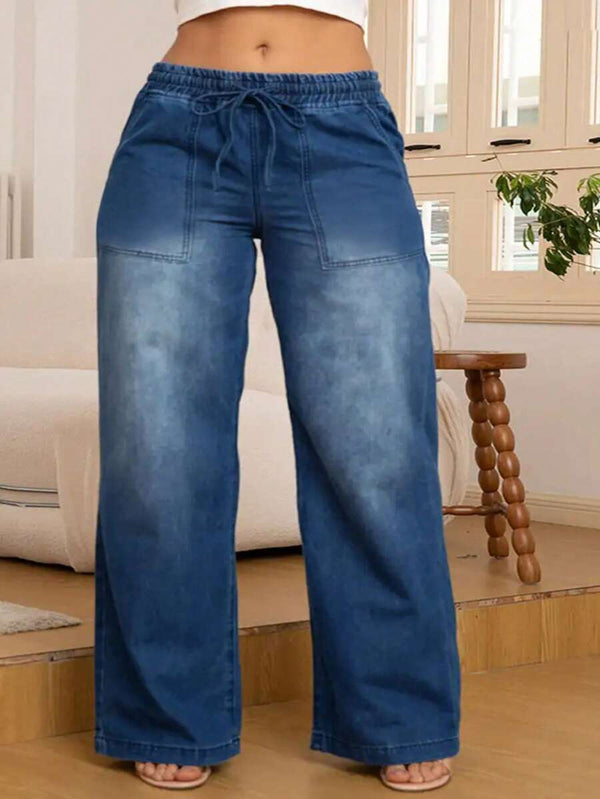 Elastic Waist Straight-Leg Jeans