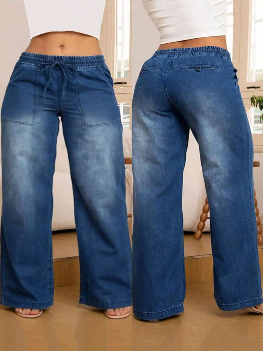 Elastic Waist Straight-Leg Jeans
