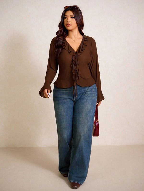 Plus Size Ruffle Flare Sleeve Top