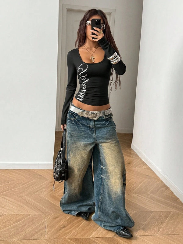 U-Neck Letter Print Long Sleeve Top