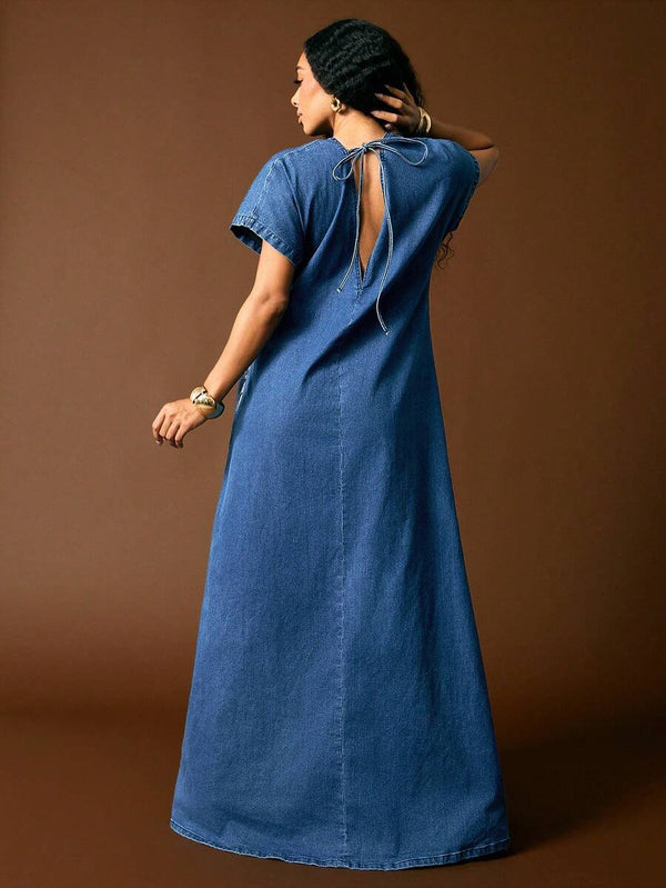 Deep V Back Denim Maxi Dress