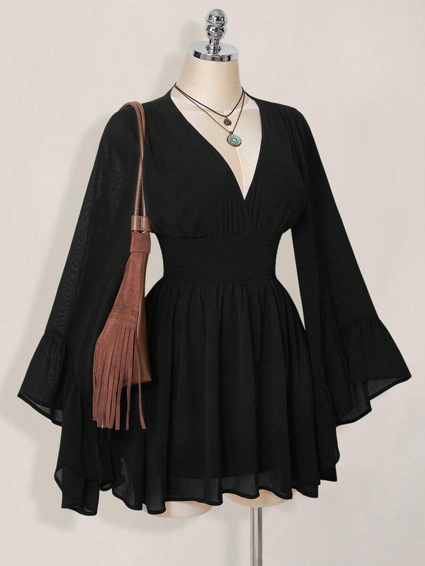 V-Neck Cinched Waist Mini Dress