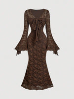 V-Neck Tie-Waist Flare Sleeve Bodycon Dress - 5