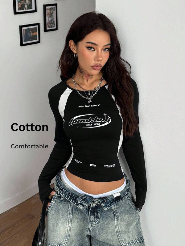 Y2K Contrast Raglan Long Sleeve Crop Tee