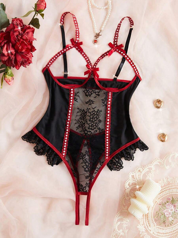 Floral Lace Open-Crotch Backless Bodysuit