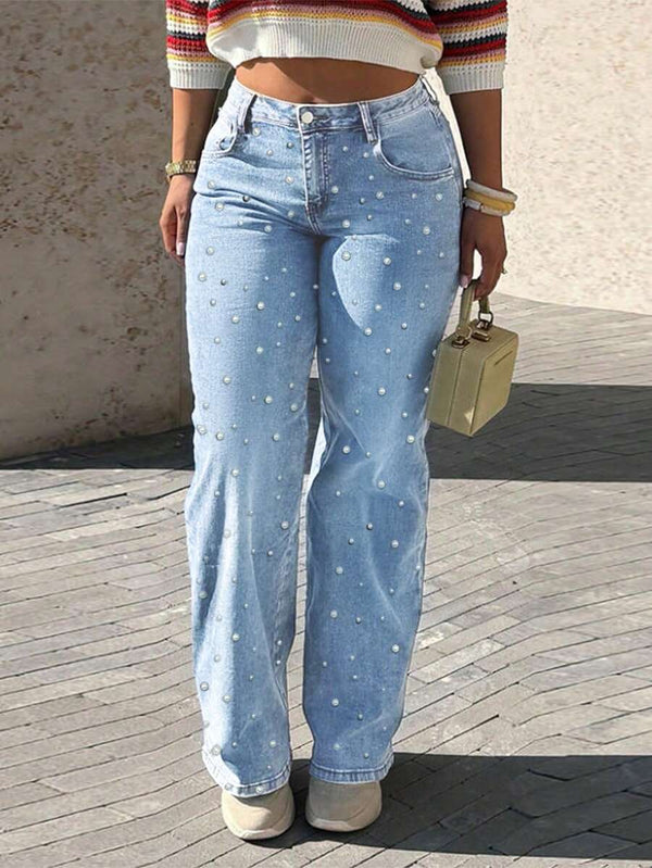 Pearl Embellished Straight-Leg Jeans