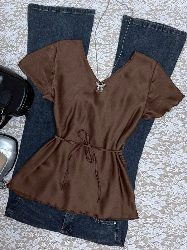 V-Neck Twist Front Short Sleeve Top