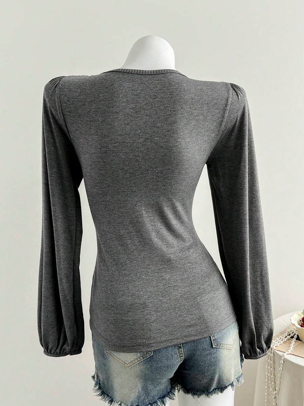 Y2K Patchwork Button Long Sleeve Top