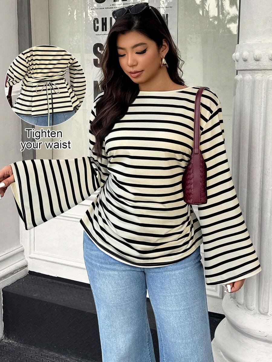 Pleated Ribbed Flare Sleeve Top