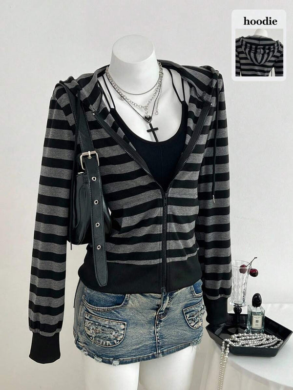 Striped Ribbed Zip-Up Sweatshirt