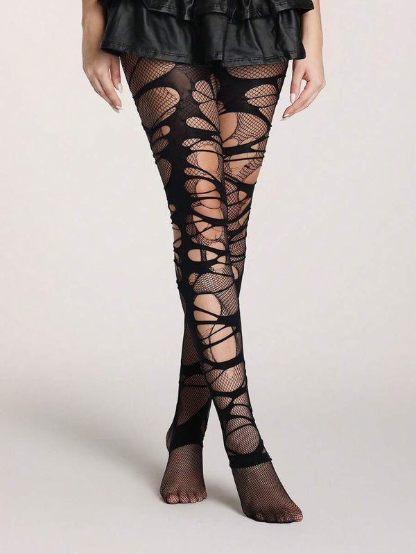 Minimalist Mesh & Ripped Black Pantyhose Set