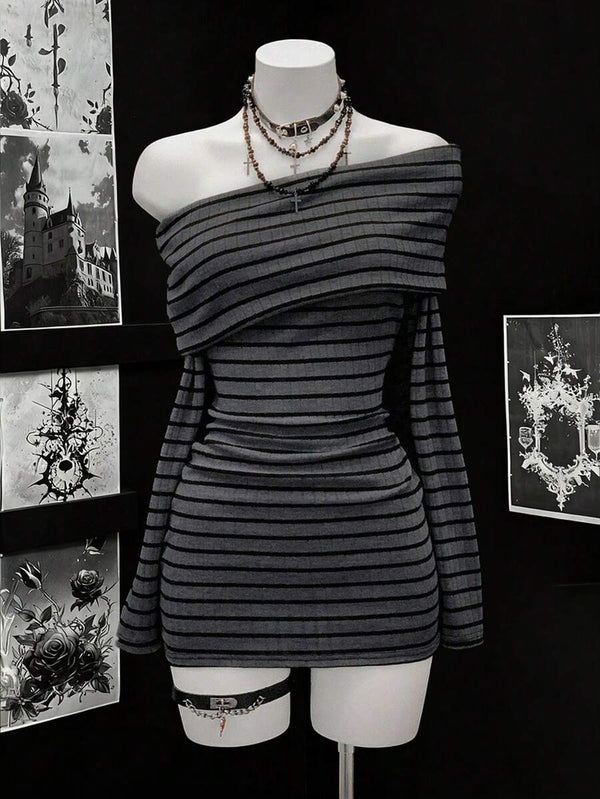 Black & Gray Striped Long Sleeve Dress