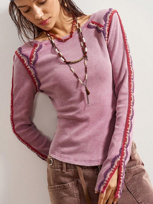 Boho Lace Trim Long Sleeve Top