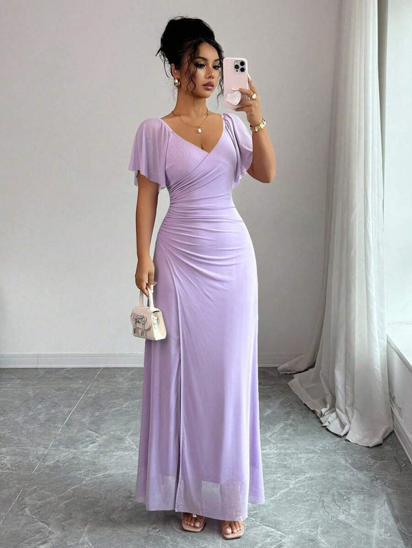 Light Purple V-Neck Ruffle Dress