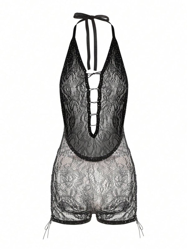 Rhinestone Halter Fishnet Jumpsuit
