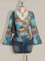 Plus Size Boho V-Neck Ruffle Mesh Top - 1