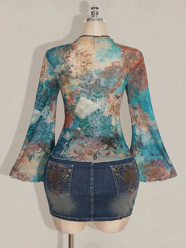 Plus Size Boho V-Neck Ruffle Mesh Top