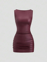 Wine Red Slim Fit Mini Dress - 5