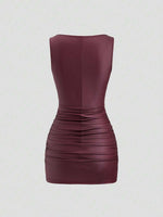 Wine Red Slim Fit Mini Dress - 2