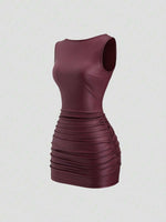 Wine Red Slim Fit Mini Dress - 1