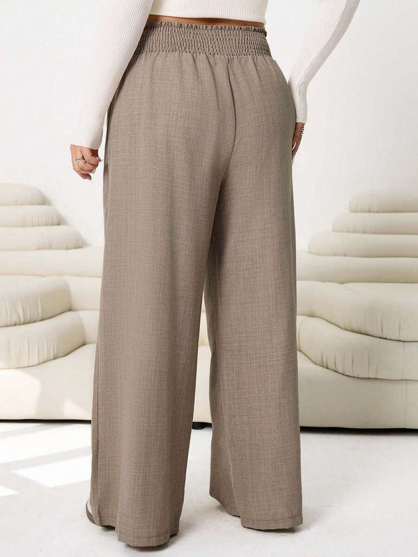 Plus Size Beige Elastic Waist Wide-Leg Pants
