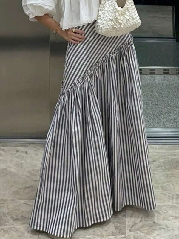 Striped Patchwork Pleated A-Line Skirt