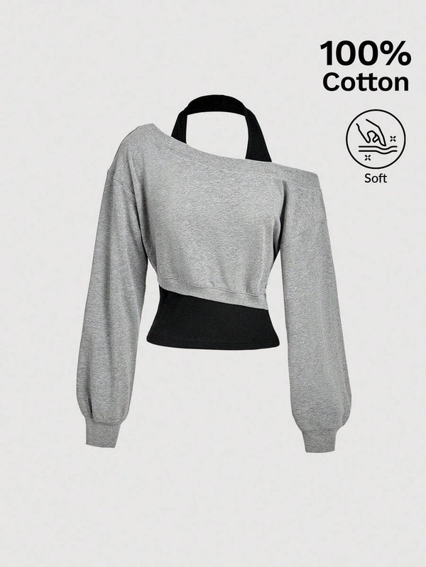 Asymmetrical Neck 2-in-1 Sweatshirt