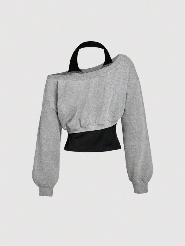 Asymmetrical Neck 2-in-1 Sweatshirt