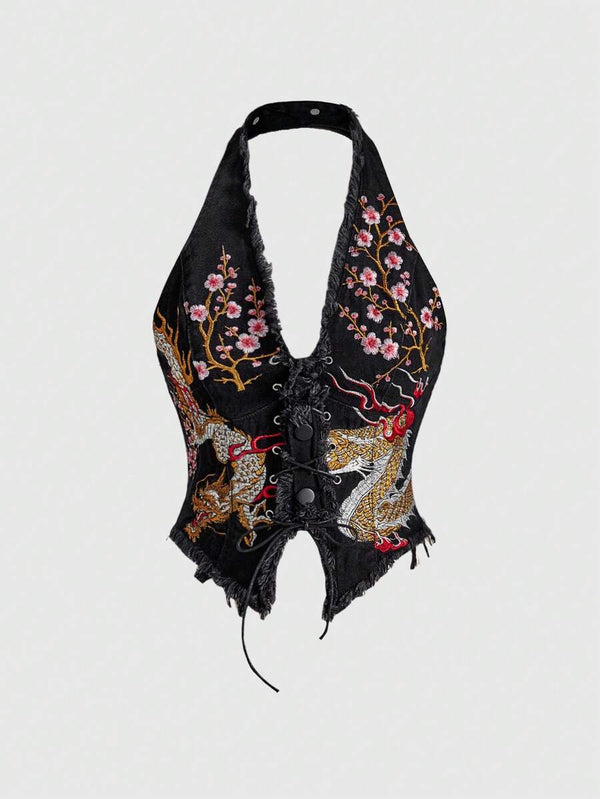 Embroidered Halter Denim Top