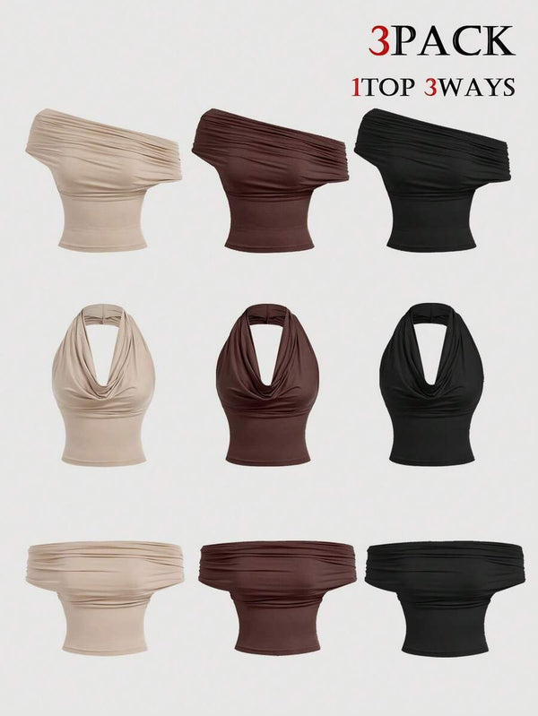 3-Way Cowl Neck Off-Shoulder Top Set