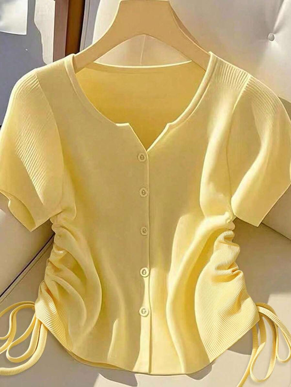 Solid V-Neck Drawstring T-Shirt