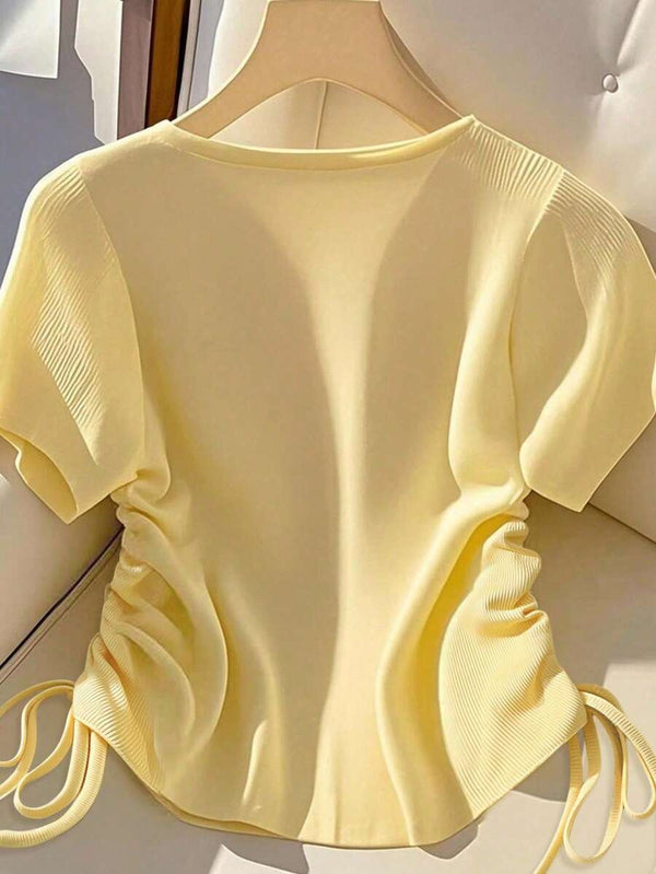 Solid V-Neck Drawstring T-Shirt