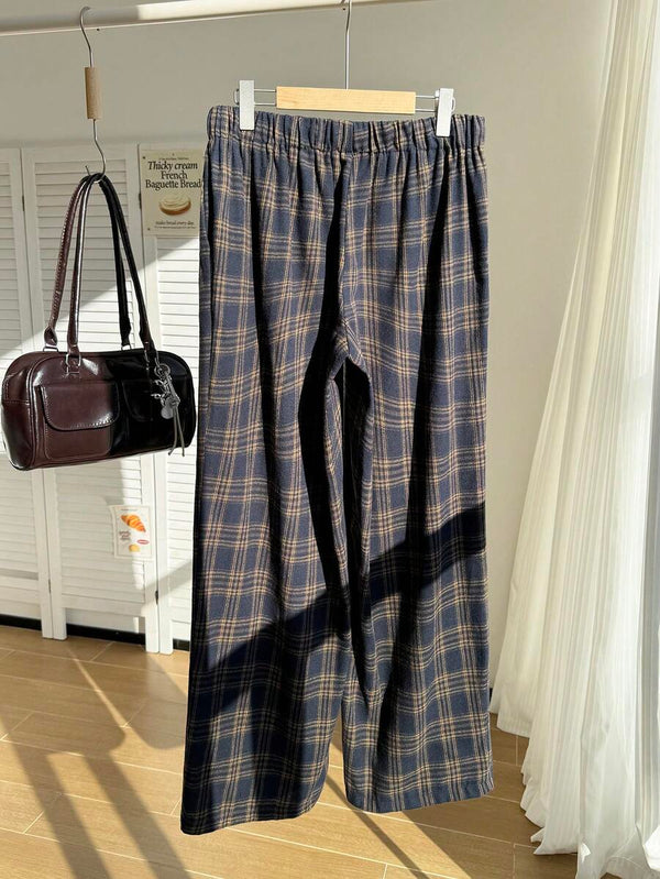 Plus Size Drawstring Plaid Wide-Leg Pants