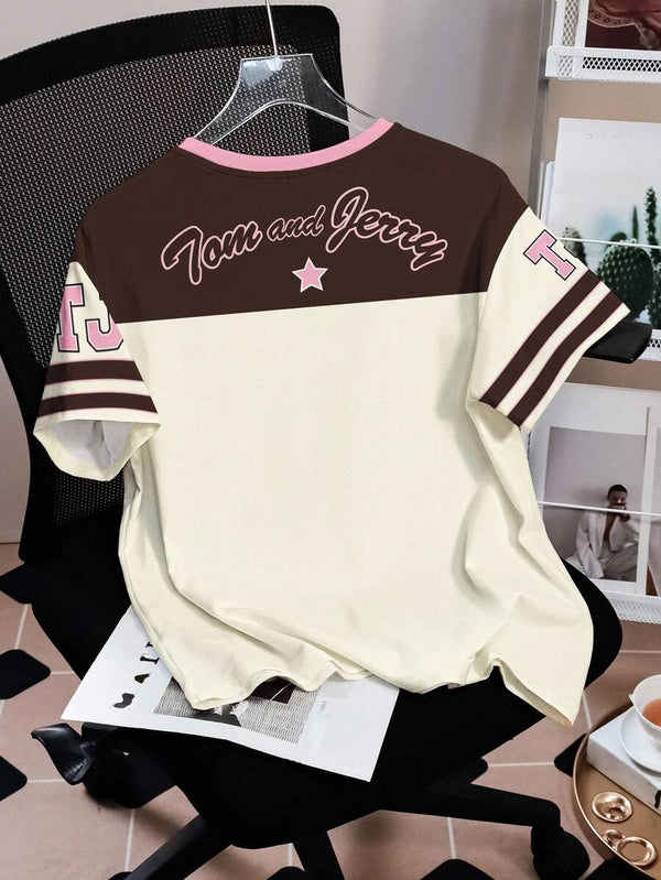 Cartoon Letter Stripe Print T-Shirt