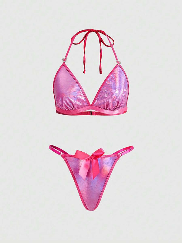 Metal Heart Bow Halter Lingerie Set