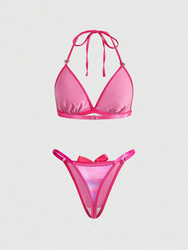 Metal Heart Bow Halter Lingerie Set