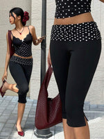 Black Polka Dot Side Slit Capri Leggings - 1