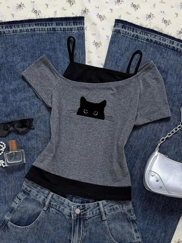 Black Cat Print Contrast T-Shirt