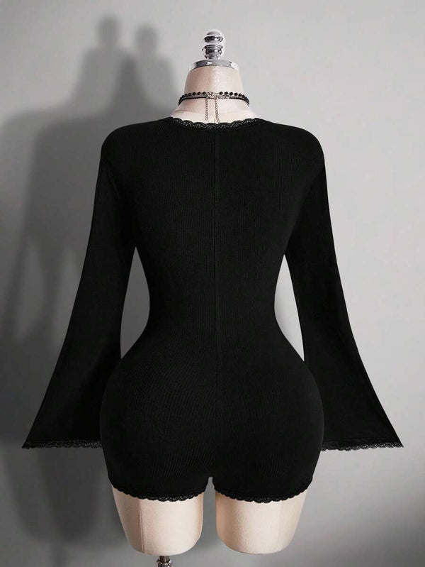 Plus Size Black Hollow-Out Lace Knit Jumpsuit