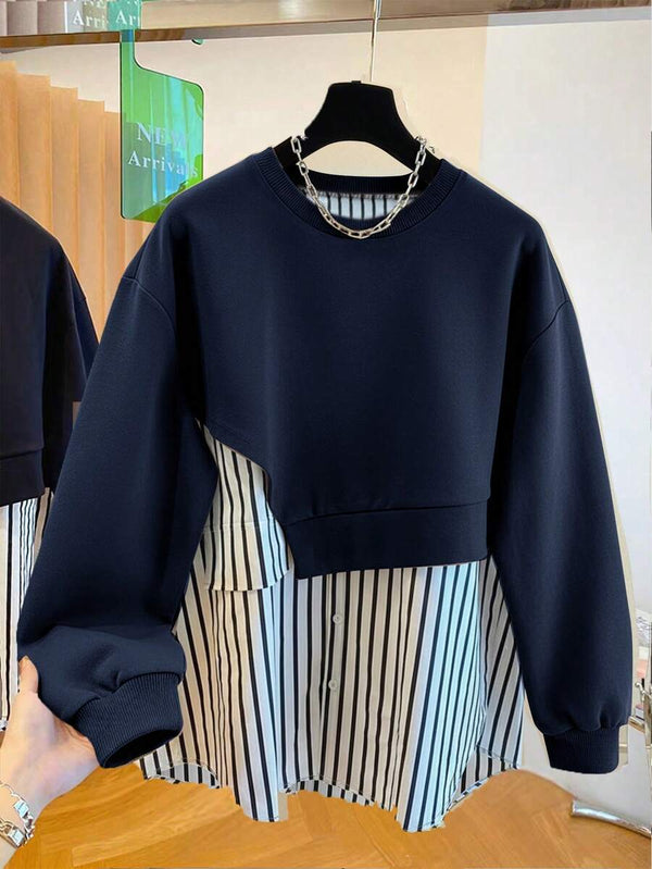 Striped Patchwork Crew Neck Sweatshirt