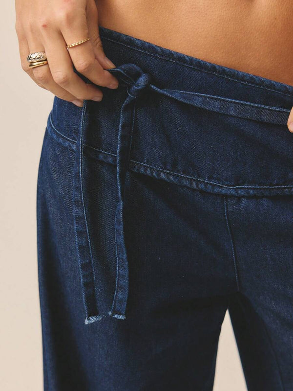 Low-Rise Tie-Waist Wide Denim Jeans