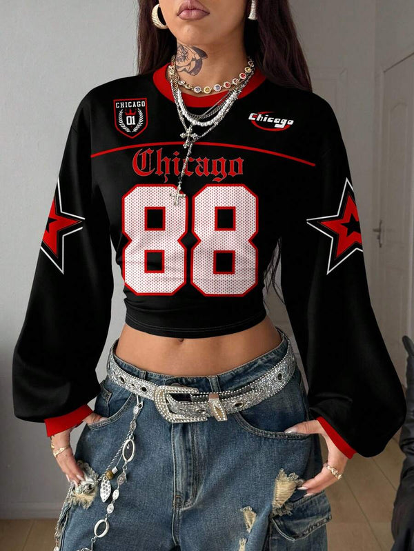 Red & Black Star Print Cropped Sweatshirt