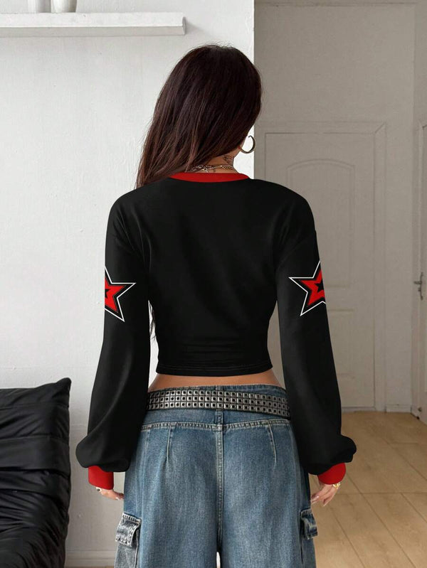 Red & Black Star Print Cropped Sweatshirt