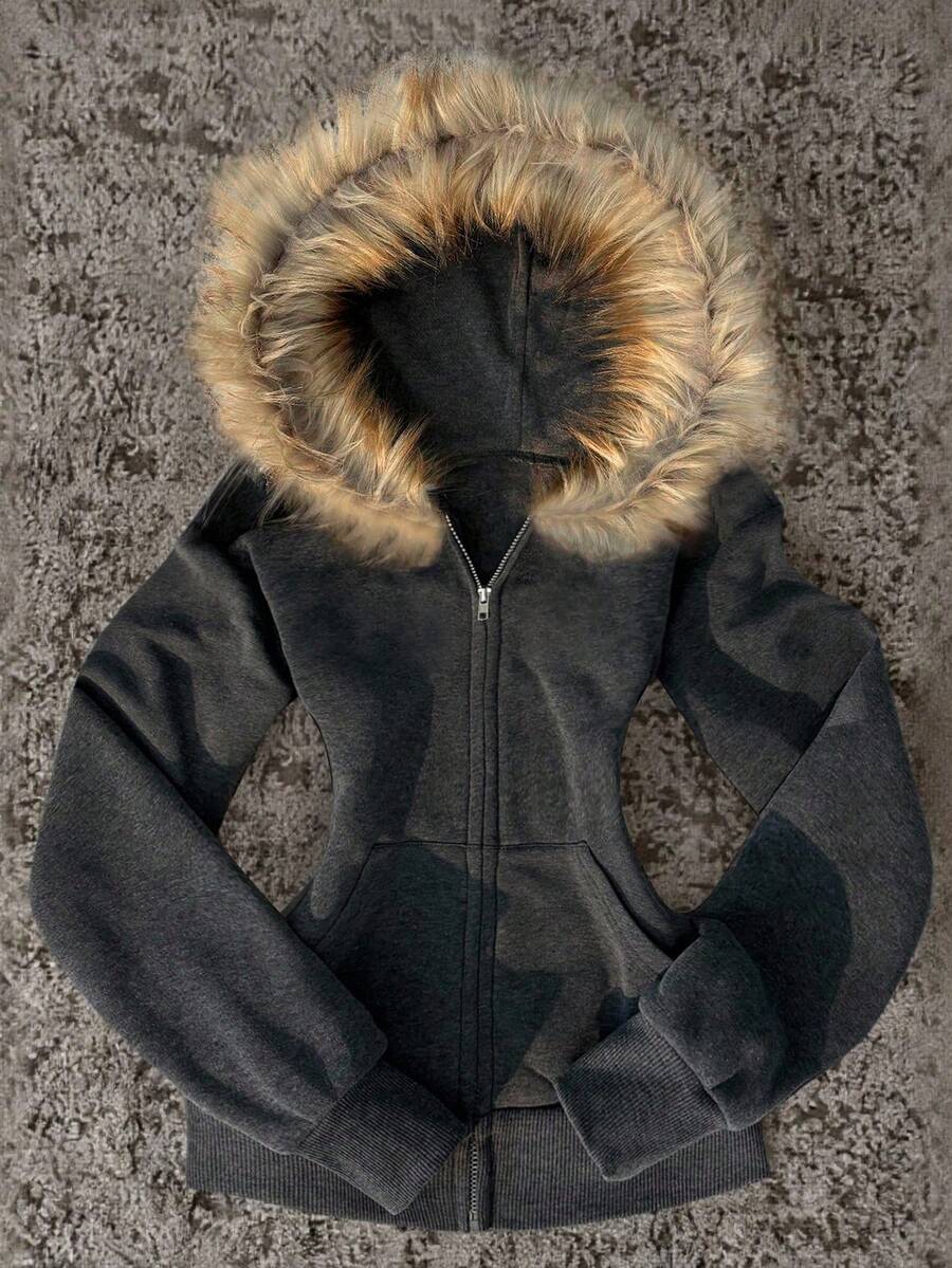 Faux Fur Hood Zip-Up Fleece Jacket