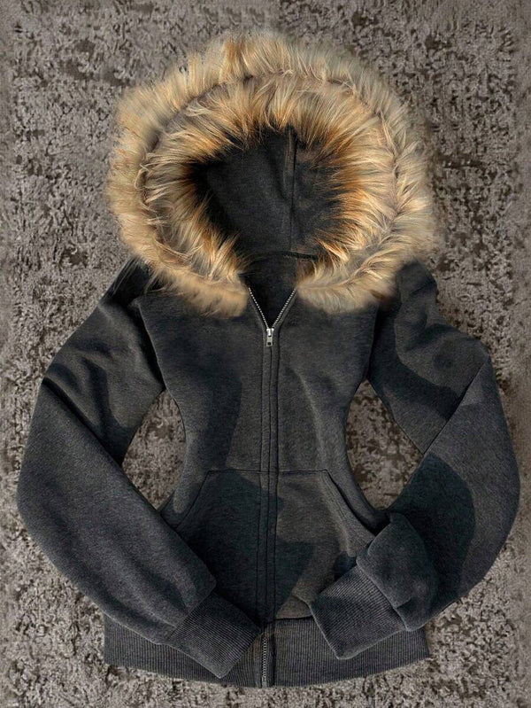 Faux Fur Hood Zip-Up Fleece Jacket