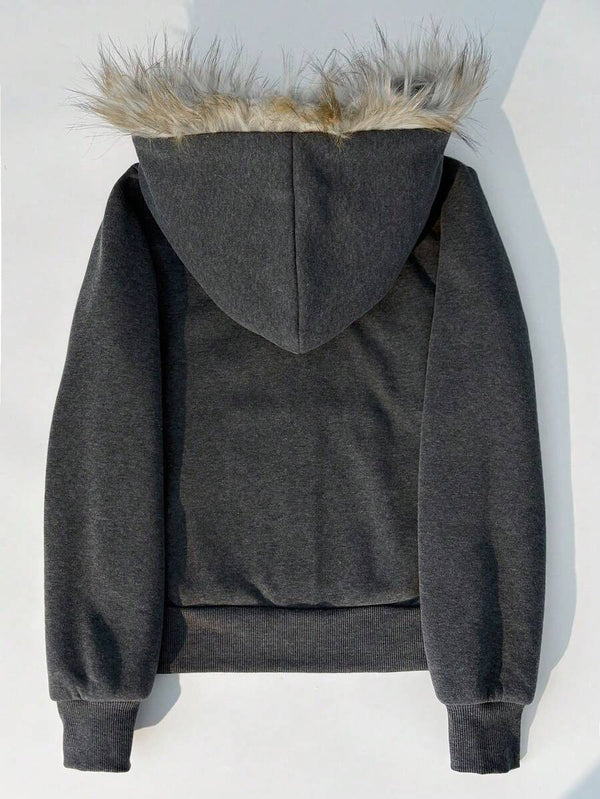 Faux Fur Hood Zip-Up Fleece Jacket