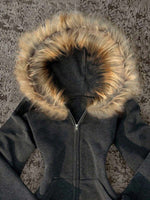 Faux Fur Hood Zip-Up Fleece Jacket - 4