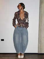 Twisted Low Neck Plaid Top - 5