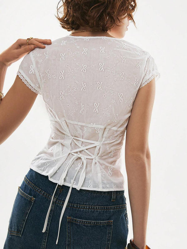 White Lace Embroidered V-Neck Blouse