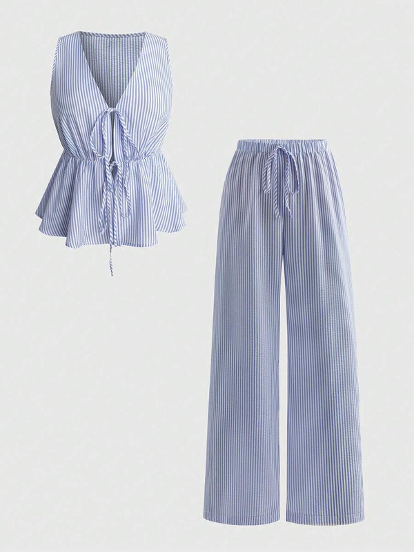 Striped Sleeveless Shirt and Pants Set
